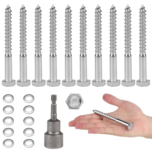 MIGUBIGU 10 Stück Sechskant Holzschrauben Edelstahl M10*50 mm mit Dichtscheibe und Sechskant Steckschlussel, Schlüsselschrauben Sechskantschrauben, Edelstahlschrauben Holz Zum Verbinden von Holz von MIGUBIGU