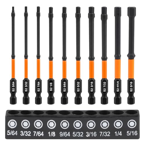 MIGUBIGU 10-tlg Inbus Bit Set Lang 100 mm mit Magnetkopf, Hex Sechskant Schraubendreher 5/64, 3/32, 7/64, 1/8, 9/64, 5/32, 3/16, 7/32, 1/4, 5/16, Bitsatz Inbus Sechskant für Schlagschrauber, Phosphid von MIGUBIGU