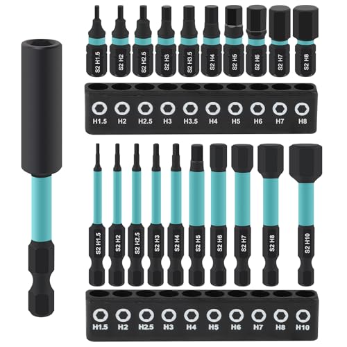 MIGUBIGU 21-tlg Inbus Bit Set 1/4 mit Bit Verlängerung, 25 mm + 60 mm Hex Sechskant Schraubendreher Bits Set H1.5-H10 mit Lagerhalter, Inbus Bitsatz Sechskant, Hexagon Innensechskant für Akkuschrauber von MIGUBIGU