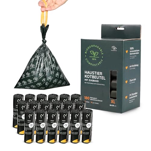 MIHA PETS Hundekotbeutel biologisch abbaubar 180 Stk 100% kompostierbare Kotbeutel für Hunde OK mit Zugband Extra Dick Auslaufsicher Kompostierbare Hundetüten Haustierkotbeutel mit zugband (XL) von MIHA PETS