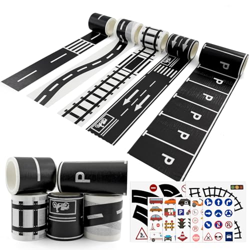 12 Stück Straße Washi Tape, 4 Rollen Straße Autobahn Eisenbahn Straßen Klebeband(5cmx5m),1 Rollen Parkklebeband (7.5cmx3m)und 5 Verkehrszeichen Aufkleber,Autobahn Selbstklebend Straßenband Tape von MIHURO