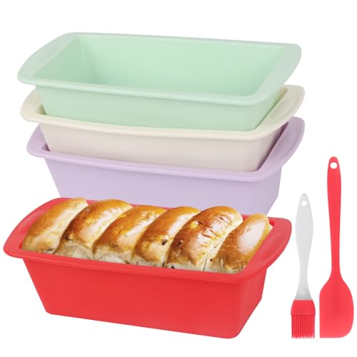 Silikon Backform 4 Stück Silikonformen Backen Rechteckig 19.2 x 9.5 x 5.5cm,Klein Kuchenform Silikon Tortenform, Airfryer Silikonformen Brotformen Zum Backen mit Ölbürste Schaber Geliefert von MIHURO