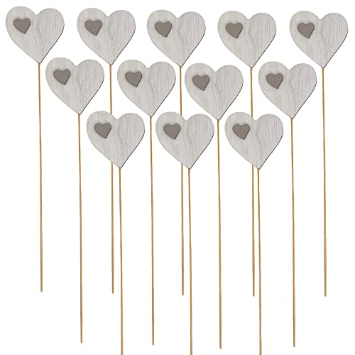 12 Stück Set Herz aus Holz auf Stecker, Ideal als Herz Deko zur Hochzeit, Herzform zum Selbstbeschriften Basteln DIY, 80x80mm, Stecker 25cm, weiß-grau von MIJOMA