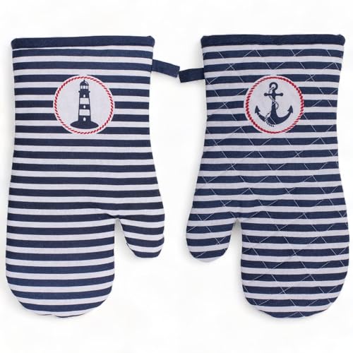 2er-Set Topflappen Topfhandschuhe Ofenhandschuhe hitzebeständig, waschbar, zum Kochen Backen (18x32cm, Gestreift Maritim) von MIJOMA