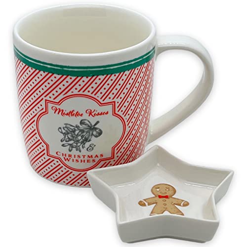 MIJOMA 2tlg-Set Kaffeebecher Teetasse mit Schale für Gebäck Teebeutelablage, Henkel-Becher Weihnachtstasse für Tee Kaffee, Festliches Motiv Weihnachtszeit (Mistletoe Kisses - Christmas Wishes) von MIJOMA