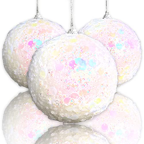 3 Stück Set Christbaumschmuck Weihnachtsschmuck Weihnachtskugeln mit Pailletten und Glitzer, aus Kunststoff bruchsicher, Kugeln Ø 10 cm (Weiß) von MIJOMA