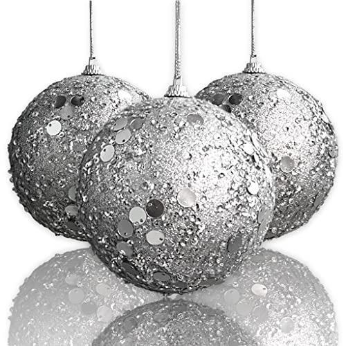 3 Stück Set Christbaumschmuck Weihnachtsschmuck Weihnachtskugeln mit Pailletten und Glitzer, aus Kunststoff bruchsicher, Kugeln Ø 10 cm (Silber) von MIJOMA