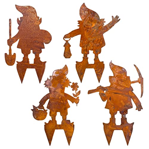 4-teiliges Set Gartenzwerge Gartenstecker Zwerg GNOME 38x26cm Gartendeko Blumenstecker Rost Edelrost, Deko rostiges Metall für Garten Balkon von MIJOMA