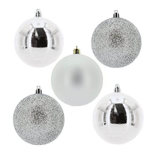 5 Stück Christbaumschmuck Weihnachtsschmuck Weihnachtskugeln aus Kunststoff bruchsicher Outdoor-geeignet, Glitter, matt & glänzend Sortiert, Ø 80 mm (Silber) von MIJOMA