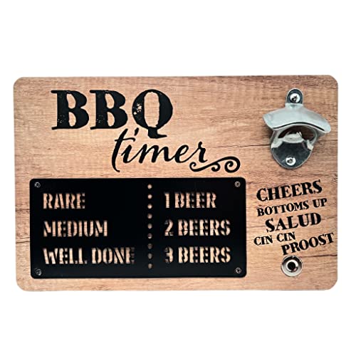 Bieröffner Wandflaschenöffner aus Holz mit Metall-Flaschenöffner und mit magnetischem Kronkorkenhalter (BBQ Timer) von MIJOMA