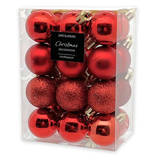 Christbaumschmuck Weihnachtsschmuck Mini-Weihnachtskugeln aus Kunststoff bruchsicher Outdoor-geeignet, Glitter, matt & glänzend Sortiert (Kugeln Ø 30 mm, Rot, 24) von MIJOMA