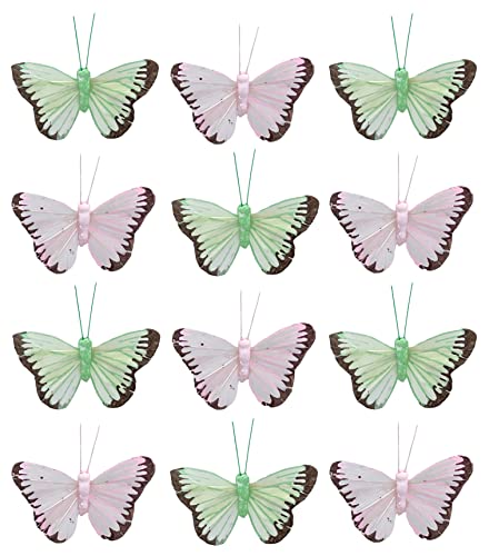 Deko-Schmetterlinge mit Metalldraht zum Stecken und Binden, zur farbenfrohen Dekoration Tischdekoration Blumengesteck Blumenkranz (6 x 4 cm, grün-pink) von MIJOMA