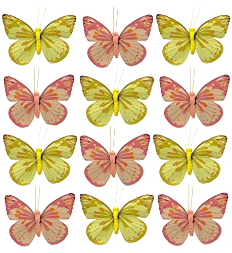 Deko-Schmetterlinge mit Metalldraht zum Stecken und Binden, zur farbenfrohen Dekoration Tischdekoration Blumengesteck Blumenkranz (9 x 7 cm, gelb-orange) von MIJOMA