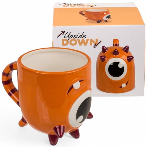 MIJOMA Upside-Down-Mug Kopfüber-Tasse – Lustiger Kaffeebecher aus Keramik – Umgedrehter Henkelbecher für Kaffee & Tee – 500 ml (Monster orange) von MIJOMA