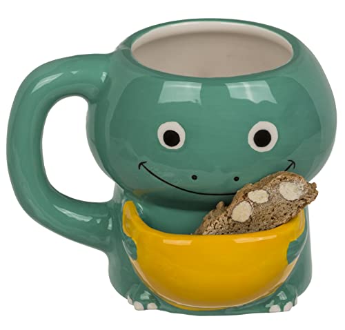 MIJOMA Kaffeetasse Kaffeebecher Teetasse mit Keksfach, Keksbecher Plätzchenbecher Cookie Cuddlers Henkelbecher mit Keks-Ablage 400ml aus Keramik (Dinosaurier) von MIJOMA