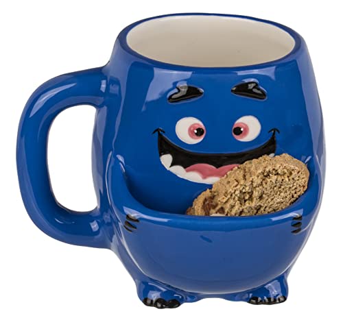MIJOMA Kaffeetasse Kaffeebecher Teetasse mit Keksfach, Keksbecher Plätzchenbecher Cookie Cuddlers Henkelbecher mit Keks-Ablage (Monster blau) von MIJOMA