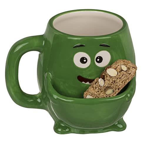 MIJOMA Kaffeetasse Kaffeebecher Teetasse mit Keksfach, Keksbecher Plätzchenbecher Cookie Cuddlers Henkelbecher mit Keks-Ablage 400ml aus Keramik (Monster grün) von MIJOMA