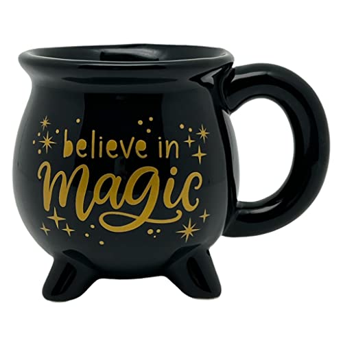 Kaffeetasse Teetasse Kesseltasse Kesselbecher Hexenkesselbecher Believe in Magic, Hexenkessel Porzellanbecher Fassungsvermögen 350ml, Porzellan schwarz lasiert von MIJOMA