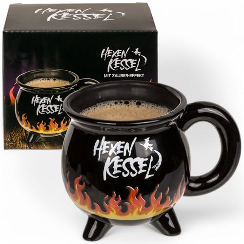 MIJOMA Kaffeetasse Teetasse Kesseltasse Kesselbecher Hexenkesselbecher Hexenkessel Becher Fassungsvermögen 400ml, schwarz (Hexenkessel mit Flammen-Thermoeffekt) von MIJOMA