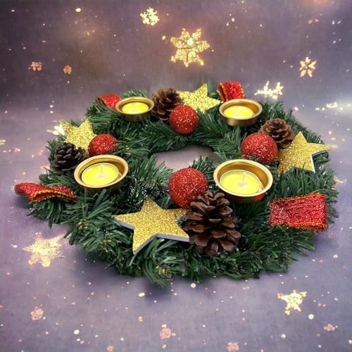 Künstlicher Adventskranz Adventkranz Weihnachten Kranz für Teelichter fertig dekoriert mit Tannenzapfen Glitzer-Sternen Glitter-Kugeln Schleifenbändern mit 4 Teelicht-Kerzenhalter, Ø 30 cm von MIJOMA