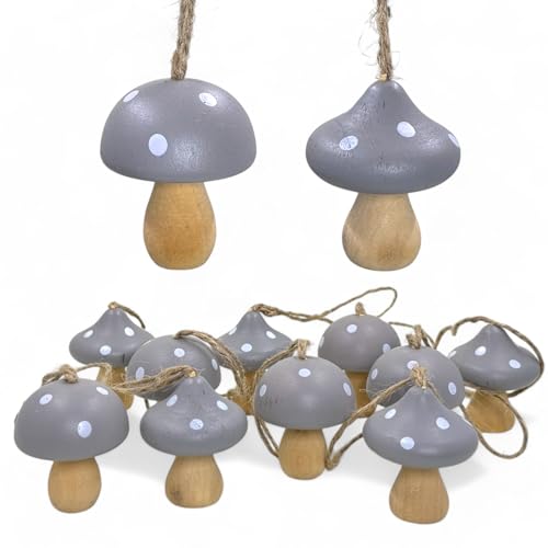 MIJOMA 10er Set Christbaumanhänger Holzpilz Fliegenpilz-Design 4x5cm ─ Vintage Holzdeko in Rot, Grau & Rosa für Adventskranz & Weihnachtsbaum (Grau) von MIJOMA