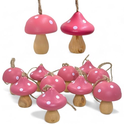 MIJOMA 10er Set Christbaumanhänger Holzpilz Fliegenpilz-Design 4x5cm ─ Vintage Holzdeko in Rot, Grau & Rosa für Adventskranz & Weihnachtsbaum (Rosa) von MIJOMA