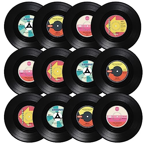 MIJOMA 12-teiliges Set Untersetzer im Mini Vinyl-Schallplatten Design – Durchmesser ca. 11 cm – 4-Fach sortierte Designs – Perfekt für Musikliebhaber und Sammler – Tolle Geschenkidee für jeden Anlass von MIJOMA