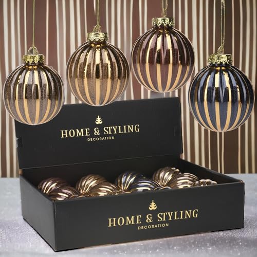 MIJOMA - 12er Set Nostalgische Weihnachtskugeln, Unzerbrechlich, Ø8cm, Christbaumschmuck mit Einzigartigem Design und Vintage-Zauber in Saphirblau, Gold und Braun (Set 3) von MIJOMA