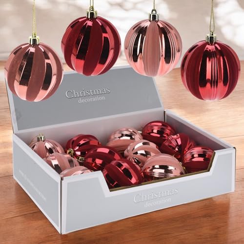 MIJOMA - 12er Set Nostalgische Weihnachtskugeln, Unzerbrechlich, Ø8cm, Christbaumschmuck mit Einzigartigem Design und Vintage-Zauber in metallischem Rosa und Rot (Set 9) von MIJOMA