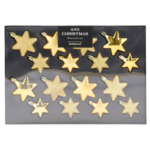 MIJOMA 16-teiliges Christbaumkugel-Set, bruchsicher, 2 Größen 65mm & 45mm, Weihnachtsanhänger – Herzform oder Sternform, Weihnachtsbaumschmuck Matt, Glänzend, Glitter (Gold, Stern) von MIJOMA