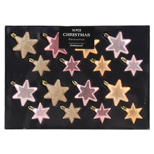 MIJOMA 16-teiliges Christbaumkugel-Set, bruchsicher, 2 Größen 65mm & 45mm, Weihnachtsanhänger – Herzform oder Sternform, Weihnachtsbaumschmuck Matt, Glänzend, Glitter (Rosa-Gold, Stern) von MIJOMA