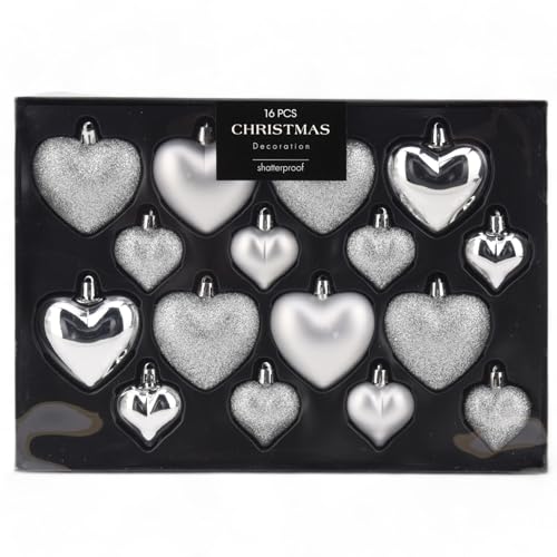 MIJOMA 16-teiliges Christbaumkugel-Set, bruchsicher, 2 Größen 65mm & 45mm, Weihnachtsanhänger – Herzform oder Sternform, Weihnachtsbaumschmuck Matt, Glänzend, Glitter (Silber, Herz) von MIJOMA