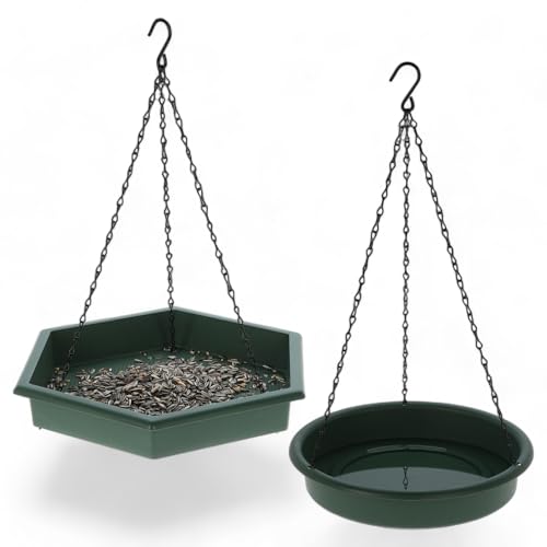 MIJOMA - 2-teiliges Set für Gartenfreunde: Vogeltränke und Futterschale mit Kettenaufhängung, Ideal für Hof, Terrasse & Outdoor, Kunststoff & Metall, Dunkelgrün, Ø43/45cm von MIJOMA