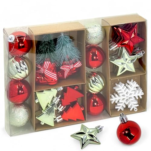 MIJOMA 22-teiliges Mini-Christbaumschmuck-Set – Bruchfeste Weihnachtskugeln und Christbaumanhänger, ideal für Adventskranz & Gestecke – Rot, Silber, Hellgrün, Weiß, 4-5cm von MIJOMA