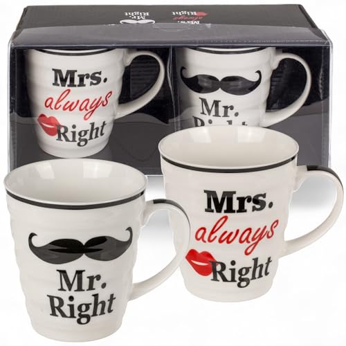 MIJOMA 2er Set Becher Mr. Right & Mrs. Always Right – Porzellan Tassen Set 330 ml – Lustige Kaffeetassen für Paare, Hochzeit oder Valentinstag von MIJOMA