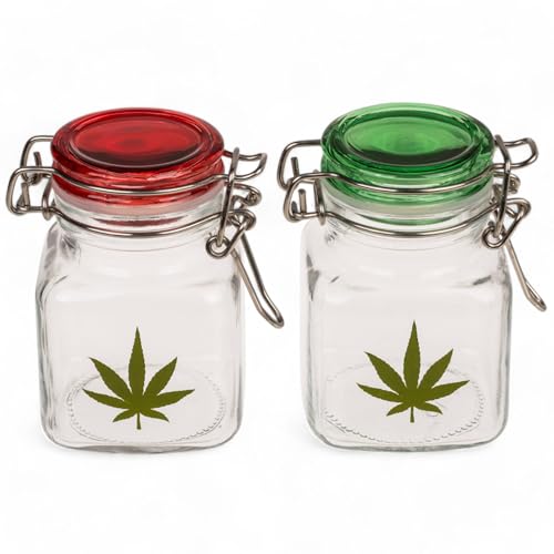 MIJOMA 2er Set Bügelgläser mit Cannabis-Blatt Design – Luftdichte Aufbewahrungsgläser für Kräuter, Gewürze, Bonbons – Glasbehälter mit Silikondichtung, 4 x 7 cm von MIJOMA