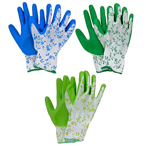 MIJOMA 3 Paar Gartenhandschuhe für Damen, Rutschfeste Griff-Arbeitshandschuhe für Gartenarbeiten Haushalt Hof Reinigung, Handflächen rutschfest beschichtet (Mehrfarbig - Ranken) von MIJOMA
