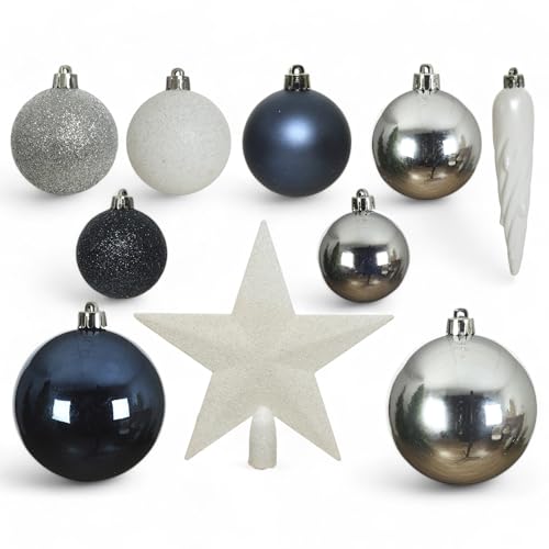 MIJOMA 33-teiliges Weihnachtskugel Set – Christbaumschmuck aus bruchfestem Kunststoff – Hängender Weihnachtsschmuck mit 29 Kugeln & 3 Eiszapfen – Dekorative Weihnachtsornamente (Blau-Silber-Weiß) von MIJOMA