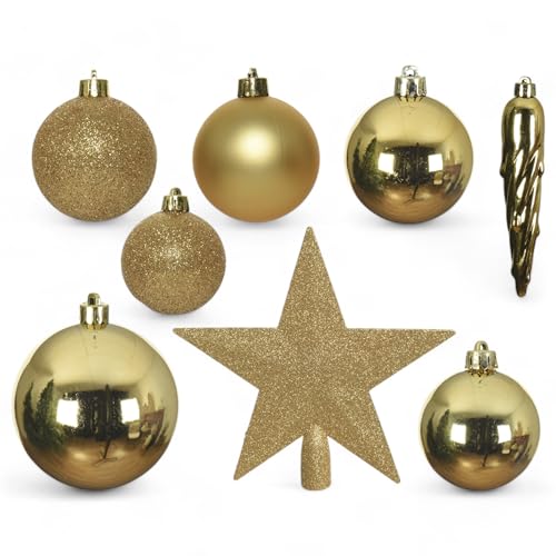 MIJOMA 33-teiliges Weihnachtskugel Set – Christbaumschmuck aus bruchfestem Kunststoff – Hängender Weihnachtsschmuck mit 29 Kugeln & 3 Eiszapfen – Dekorative Weihnachtsornamente (Gold) von MIJOMA