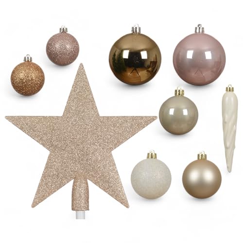 MIJOMA 33-teiliges Weihnachtskugel Set – Christbaumschmuck aus bruchfestem Kunststoff – Hängender Weihnachtsschmuck mit 29 Kugeln & 3 Eiszapfen – Dekorative Weihnachtsornamente (Rosa-Lachs) von MIJOMA