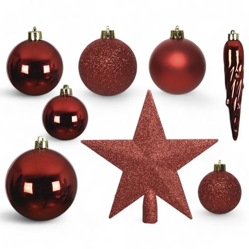 MIJOMA 33-teiliges Weihnachtskugel Set – Christbaumschmuck aus bruchfestem Kunststoff – Hängender Weihnachtsschmuck mit 29 Kugeln & 3 Eiszapfen – Dekorative Weihnachtsornamente (Rot) von MIJOMA