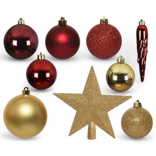 MIJOMA 33-teiliges Weihnachtskugel Set – Christbaumschmuck aus bruchfestem Kunststoff – Hängender Weihnachtsschmuck mit 29 Kugeln & 3 Eiszapfen – Dekorative Weihnachtsornamente (Rot-Gold) von MIJOMA
