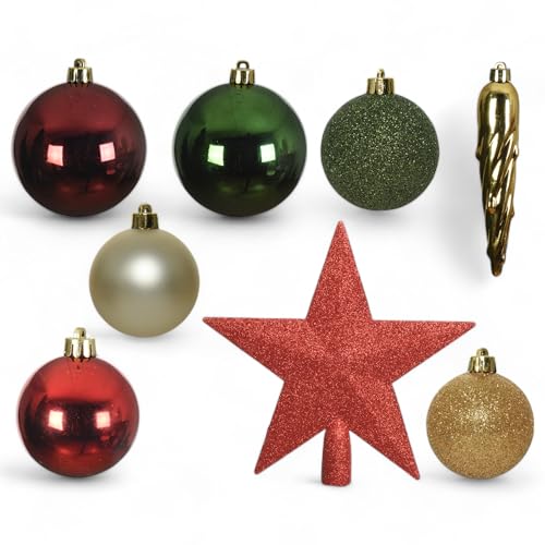 MIJOMA 33-teiliges Weihnachtskugel Set – Christbaumschmuck aus bruchfestem Kunststoff – Hängender Weihnachtsschmuck mit 29 Kugeln & 3 Eiszapfen – Dekorative Weihnachtsornamente (Rot-Grün-Gold) von MIJOMA