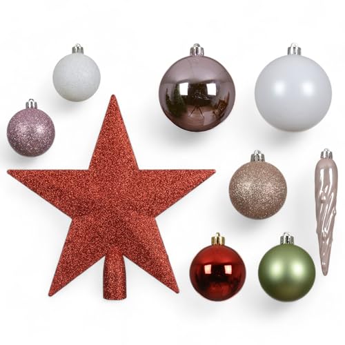 MIJOMA 33-teiliges Weihnachtskugel Set – Christbaumschmuck aus bruchfestem Kunststoff – Hängender Weihnachtsschmuck mit 29 Kugeln & 3 Eiszapfen – Dekorative Weihnachtsornamente (Rot-Lila-Weiß) von MIJOMA