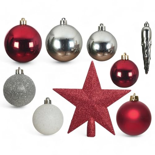 MIJOMA 33-teiliges Weihnachtskugel Set – Christbaumschmuck aus bruchfestem Kunststoff – Hängender Weihnachtsschmuck mit 29 Kugeln & 3 Eiszapfen – Dekorative Weihnachtsornamente (Rot-Silber-Weiß) von MIJOMA