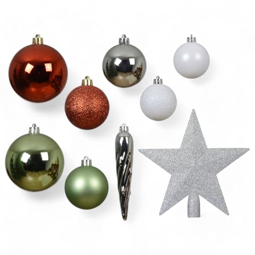 MIJOMA 33-teiliges Weihnachtskugel Set – Christbaumschmuck aus bruchfestem Kunststoff – Hängender Weihnachtsschmuck mit 29 Kugeln & 3 Eiszapfen – Dekorative Weihnachtsornamente (Rot-Weiß-Silber-Grün) von MIJOMA
