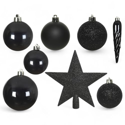 MIJOMA 33-teiliges Weihnachtskugel Set – Christbaumschmuck aus bruchfestem Kunststoff – Hängender Weihnachtsschmuck mit 29 Kugeln & 3 Eiszapfen – Dekorative Weihnachtsornamente (Schwarz) von MIJOMA