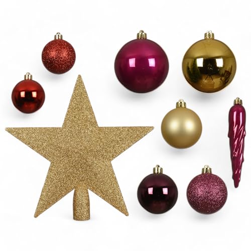 MIJOMA 33-teiliges Weihnachtskugel Set – Christbaumschmuck aus bruchfestem Kunststoff – Hängender Weihnachtsschmuck mit 29 Kugeln & 3 Eiszapfen – Dekorative Weihnachtsornamente (Violett-Gold) von MIJOMA