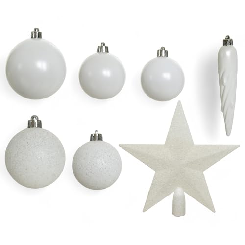 MIJOMA 33-teiliges Weihnachtskugel Set – Christbaumschmuck aus bruchfestem Kunststoff – Hängender Weihnachtsschmuck mit 29 Kugeln & 3 Eiszapfen – Dekorative Weihnachtsornamente (Weiß) von MIJOMA