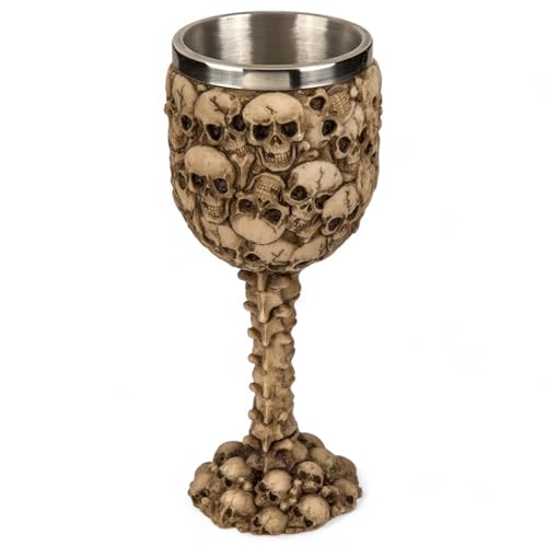 MIJOMA 3D-Totenkopf Weinglas Becher – Schädelbecher aus Kunststein und Edelstahl, mittelalterlicher Wikinger Krug, 300ml Fassungsvermögen (Totenhügel) von MIJOMA